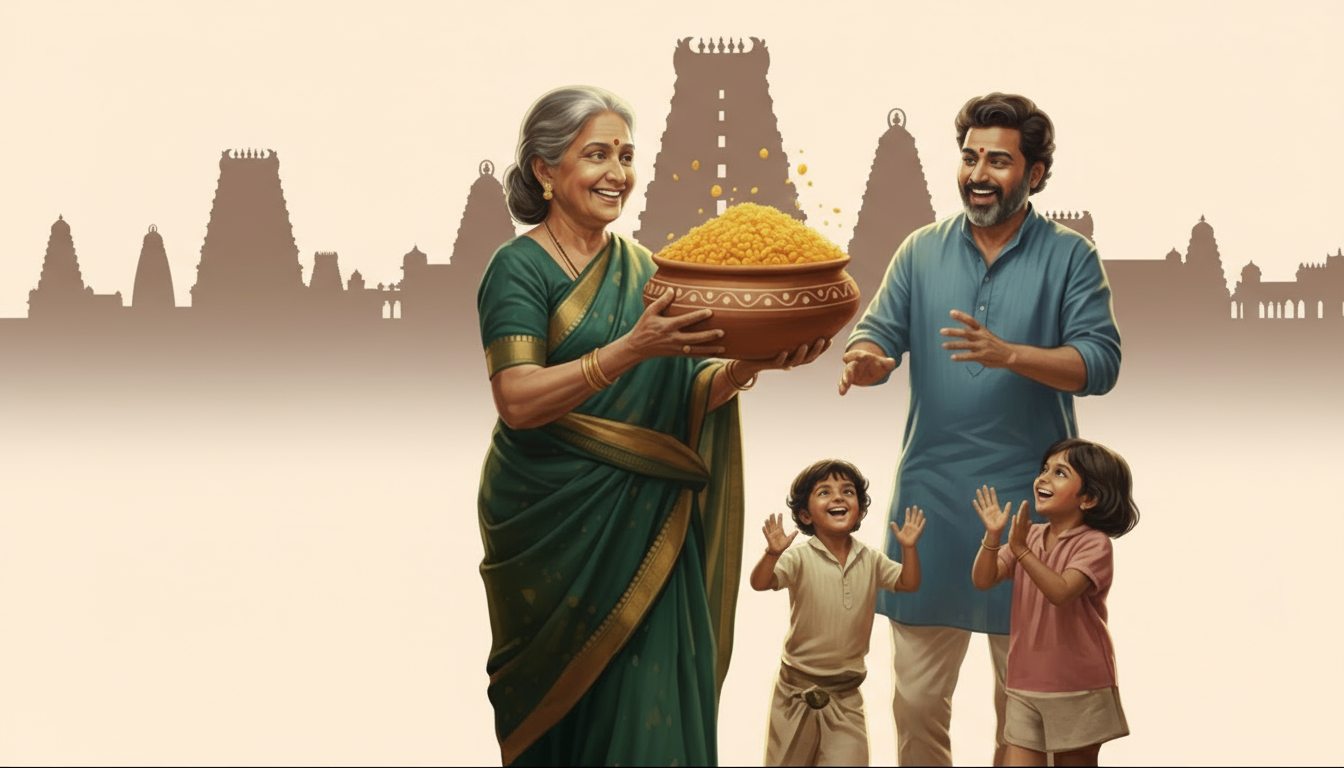 Woman in traditional attire holding a bowl of rice with a man and two children on a beige background